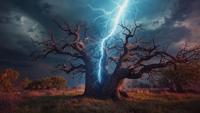 Striking Lightning Hits Ancient Gnarled Tree on Ominous Plain