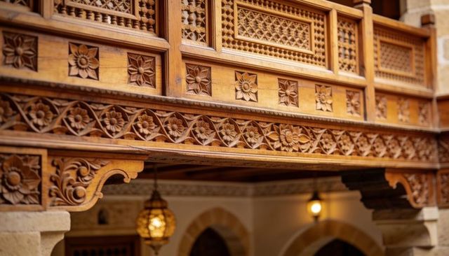 Ornate mashrabiya balcony featuring intricate carved floral rosettes and lattice