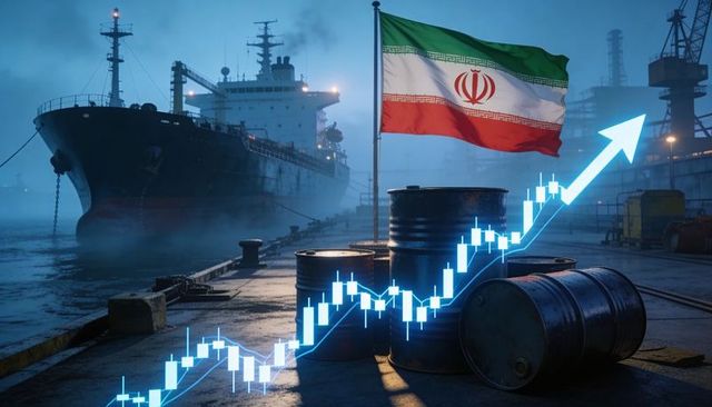 Iranian oil export port showing rising candlestick chart, cargo ship and barrels at dusk