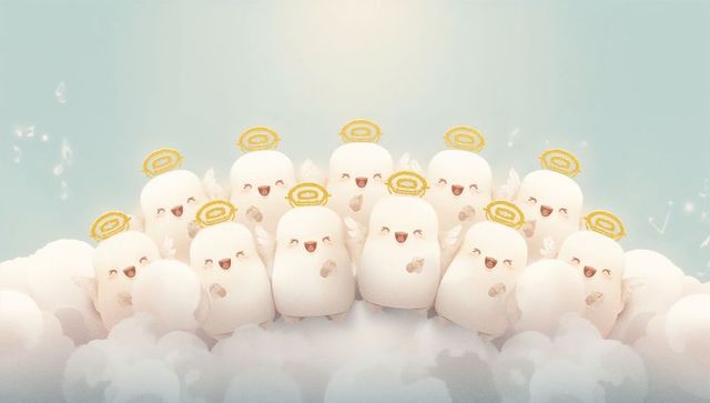 Singing cloud choir of cute white angels wearing golden halos and tiny wings, soft pastel