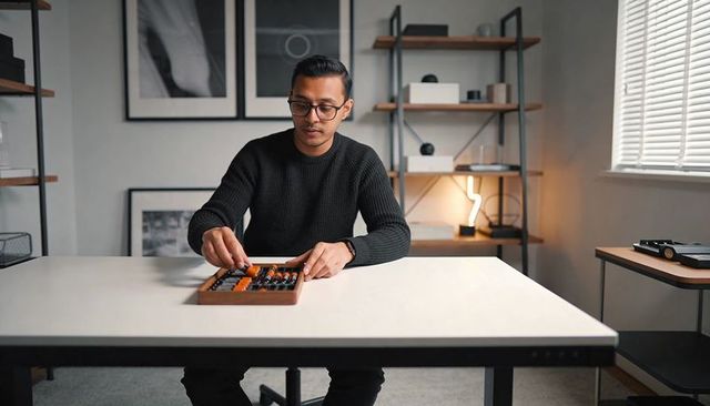 Man arranging orange and black beads on wooden tray in minimal home office with ambient lighting