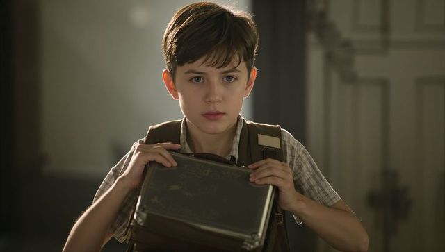 Schoolboy Holding Vintage Metal Lunchbox in Hallway, Wearing Plaid Shirt and Backpack