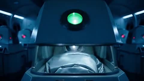 Stasis pod opening with green switch indicator revealing hooded sleeper in cryo bay