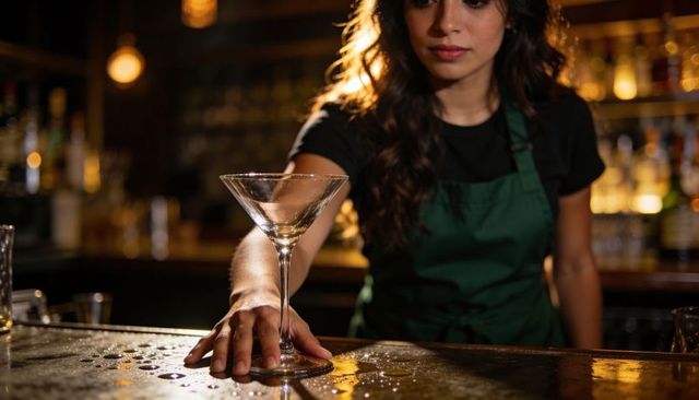 Bartender placing martini glass on wet bar counter with warm bokeh lighting
