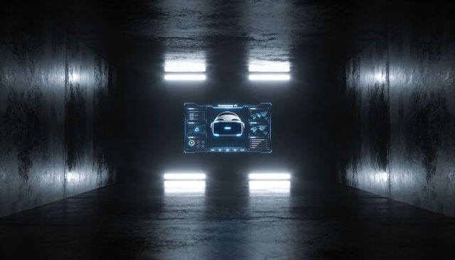 Hovering holographic vr hud floating in dark neon chamber with telemetry panels & headset