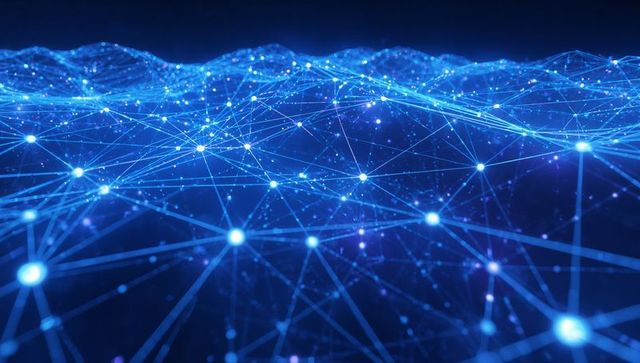 Glowing digital network mesh connecting luminous nodes across blue data wave