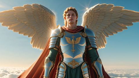 Angel Warrior in Ornate Armor Above Clouds with Majestic Wings