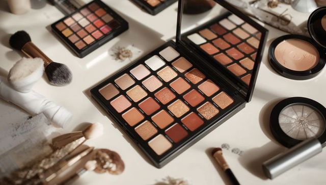 Warm neutral eyeshadow palette with mirror and brushes showcasing bronze shimmer glam