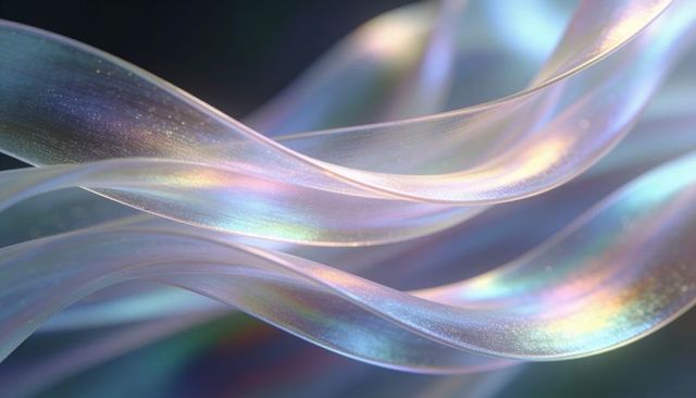 Iridescent translucent ribbons flowing in pastel light with pearlescent gradient and bokeh