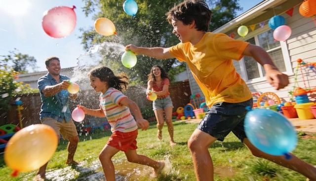 Family splashing in backyard water balloon fight, kids running laughing on sunny summer day