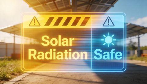 Solar radiation warning hologram hovering over photovoltaic carport array