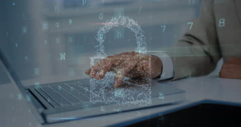 Cybersecurity Concept with Digital Lock and Hand on Laptop