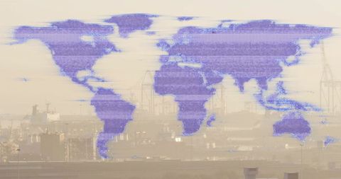 Overlaying purple pixel world map over hazy industrial port highlighting global trade