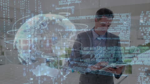Businessman Using Digital Tablet with Data and Globe Overlay