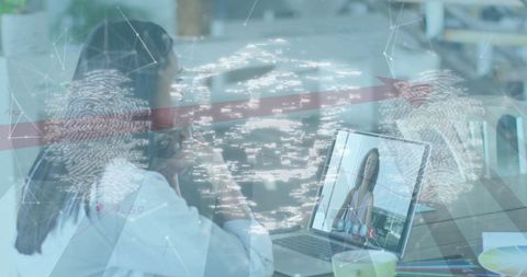 Woman in video call with biometric security concept overlay