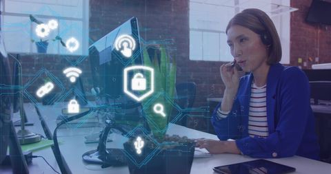 Businesswoman at Desk with Digital Security Icons Overlay