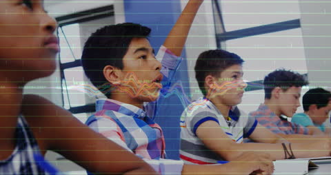 Students Engaged in Learning Amid Financial Graph Overlay