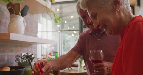 Senior Couple Enjoying Cooking and Wine in Bright Kitchen