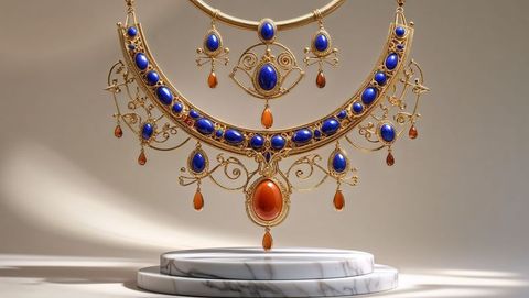 Elegant gold filigree jewelry with blue cabochon and orange teardrop accents