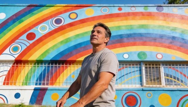 Mature man standing before vibrant rainbow mural with colorful arcs and circular patterns