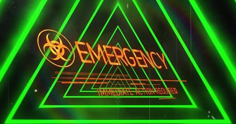Futuristic neon digital alert display with biohazard symbol