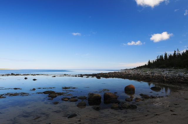 This peaceful scene captures a calm coastal landscape with a clear blue sky and tranquil waters gently lapping against the rocky shoreline. Ideal for use in nature and travel themed websites, relaxation and mindfulness content, or as a serene backdrop for presentations.