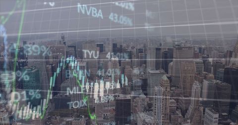 Financial Charts Overlaying New York City Skyline Economy
