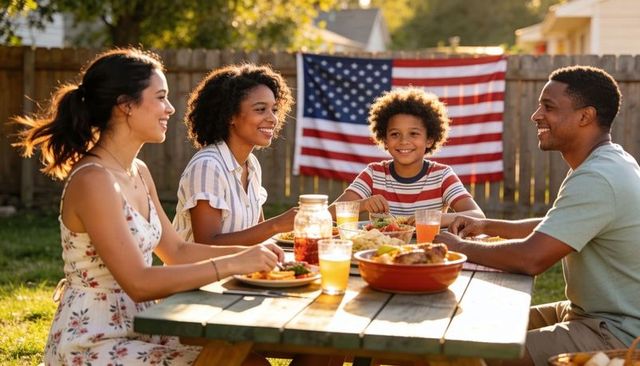 Smiling family enjoying backyard summer barbecue with american flag and picnic spread