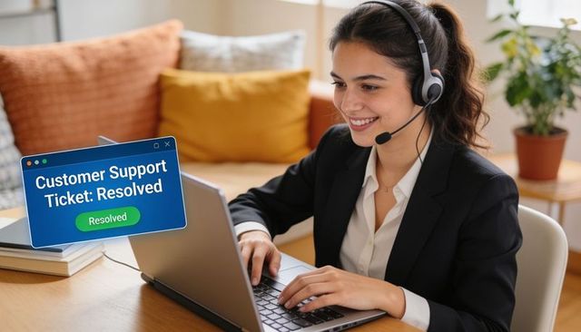 Typing remote customer support agent with headset on laptop celebrating resolved ticket