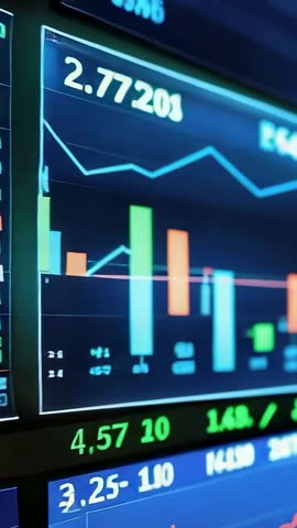 Panning trading screens displaying bar charts and live tickers in vertical financial analytics video