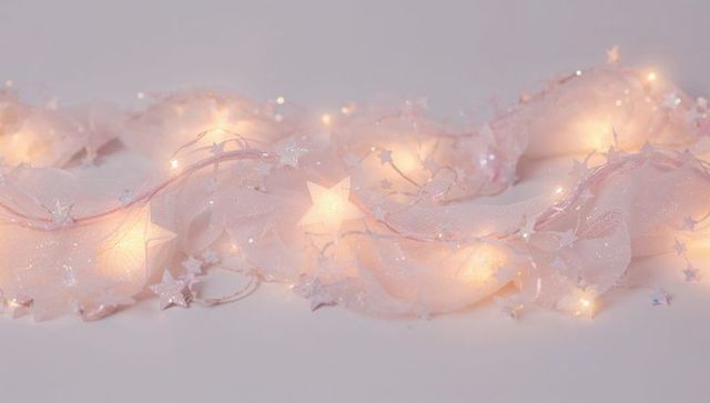 Glowing pastel star fairy lights weaving through pink tulle with gentle bokeh glow
