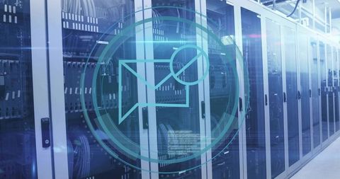 Data center showing glass server racks, network cables and teal digital notification overlay