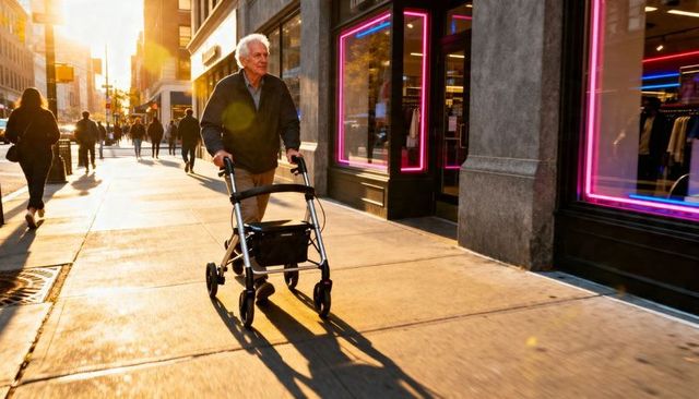 Senior man walking pushing rollator along sunlit city sidewalk past neon storefront windows