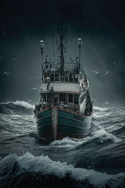 Fish cutter on sea and seagulls over dark clouds and rain, created using generative ai technology. Transport, travel and boat, digitally generated image.