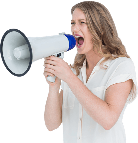 Woman using megaphone over transparent background for communication theme