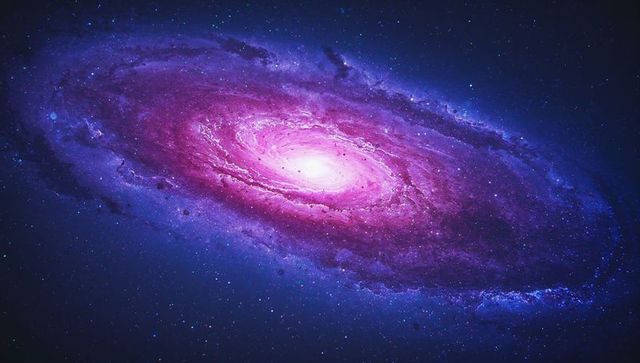 Spiral galaxy rotating with magenta core, violet nebula arms, cosmic dust lanes and stars