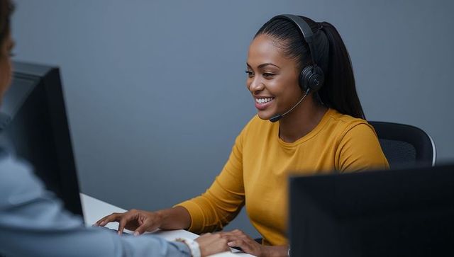Smiling customer service agent wearing headset typing at modern office workstation
