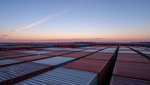 Stretching cargo container grid converging to horizon at sunset port terminal with cranes