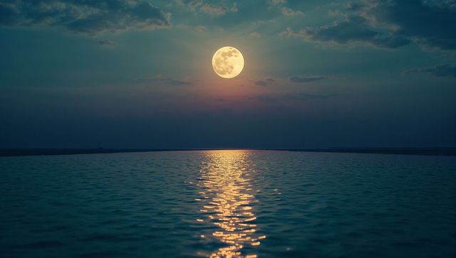 Full moon reflecting golden path on tranquil waters