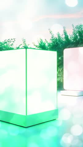 Vertical video glowing cube emerging on platform with bokeh lights and green foliage