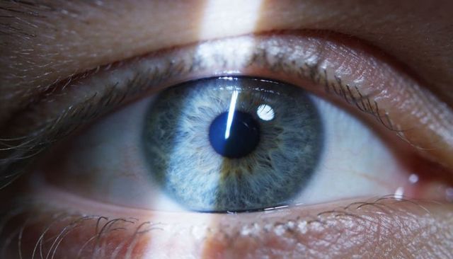 Macro eye reflecting bright studio light, detailed blue-green iris and tear film