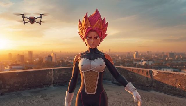 Anime warrior in armored suit on rooftop at sunset with hovering drone cyberpunk cityscape