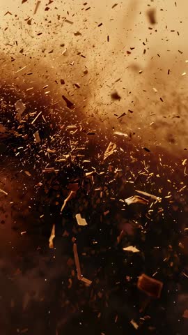 Erupting debris cloud sending golden shards rising in cinematic vertical impact