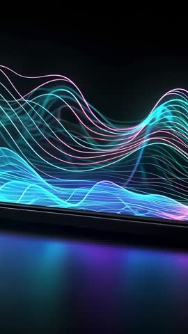 Streaming neon waveform rising from device edge, pulsing across dark void vertical video