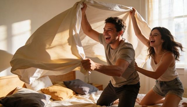 Laughing couple making blanket fort in sunlit bedroom, playful morning romance