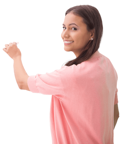 Smiling Woman Writing on Transparent Surface in Casual Attire - Download Free Stock Videos Pikwizard.com
