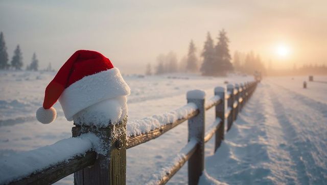 Red Santa Hat Perching on Snow-Covered Wooden Fence Post at Golden Sunrise in Rural Winter