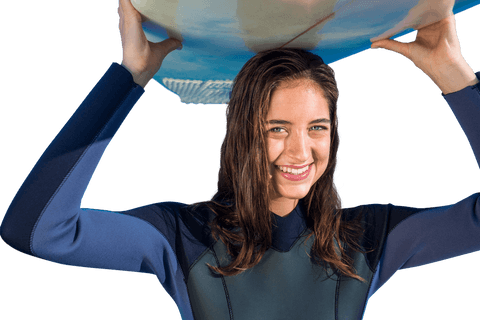 Smiling Woman Holding Surfboard Above Head on Transparent Background