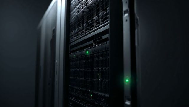 Dark Data Center Rack Glowing Green LEDs in Secure Server Corridor, High-Density Servers