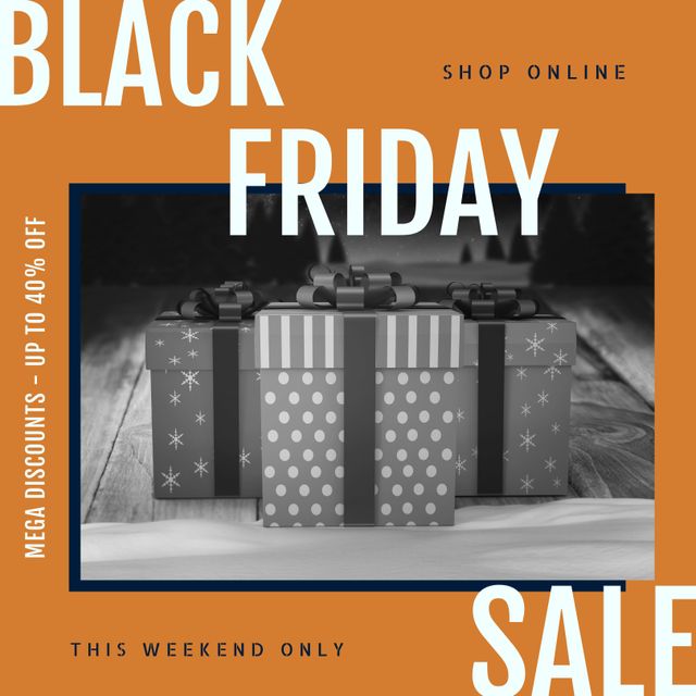 Composition of black friday sale text over presents on orange background. Black friday, shopping and retail concept digitally generated image.